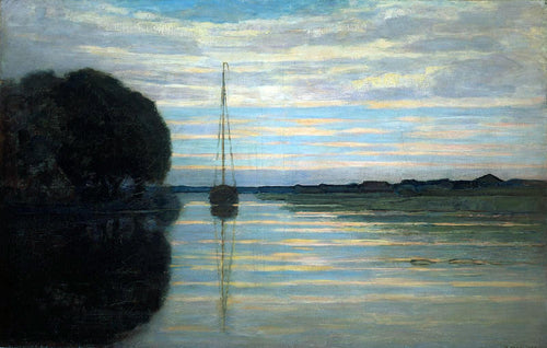 Opinião Do Rio Com Um Barco. sol (Piet Mondrian) - Reprodução com Qualidade Museu