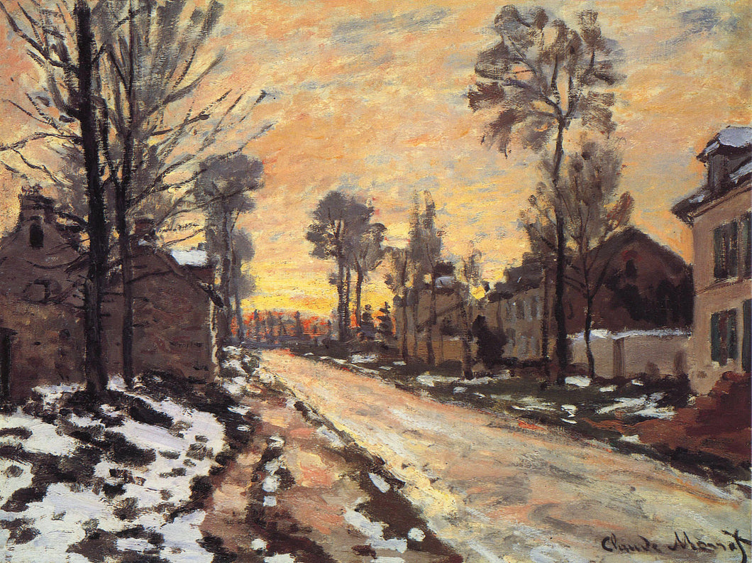 Estrada em Louveciennes Derretendo a Neve, Pôr do Sol (Claude Monet) - Reprodução com Qualidade Museu