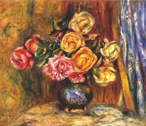 Rosas Com Cortina Azul (Pierre-Auguste Renoir) - Reprodução com Qualidade Museu