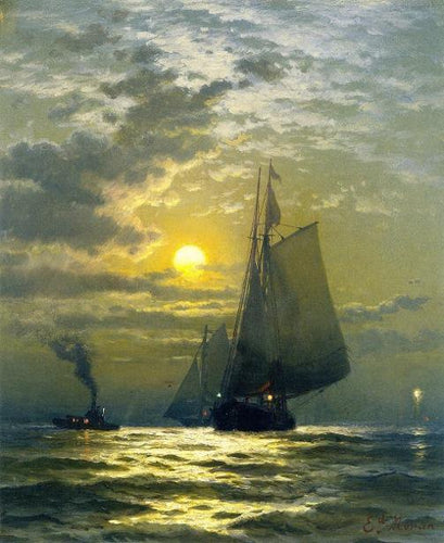 Sailing By Moonlight, Porto de Nova York (Edward Moran) - Reprodução com Qualidade Museu