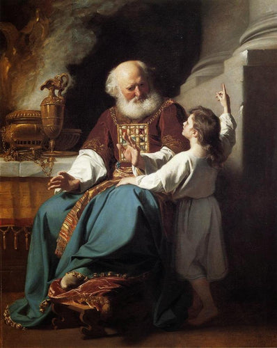 Samuel lendo para Eli os julgamentos de Deus sobre a casa de Elis