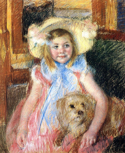 Sara com um grande chapéu florido, olhando para a direita, segurando seu cachorro (Mary Cassatt) - Reprodução com Qualidade Museu