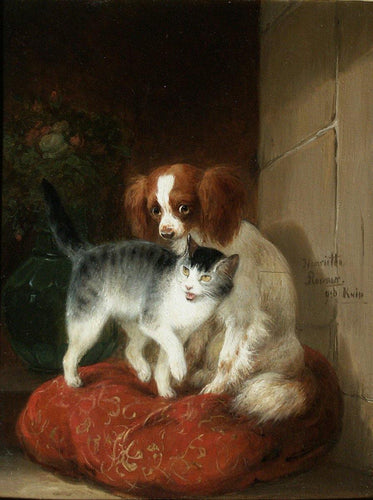 Gato e cachorro em um travesseiro (Henriette Ronner-Knip) - Reprodução com Qualidade Museu