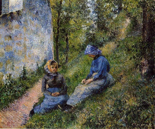 Camponeses sentados, costurando (Camille Pissarro) - Reprodução com Qualidade Museu