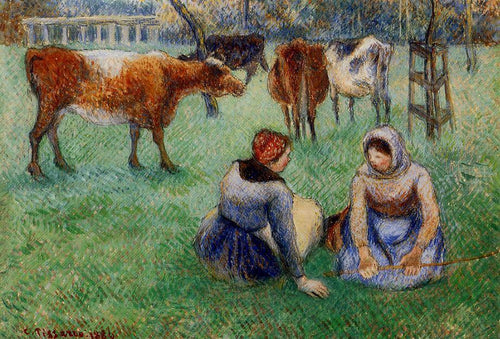 Camponeses sentados observando vacas (Camille Pissarro) - Reprodução com Qualidade Museu