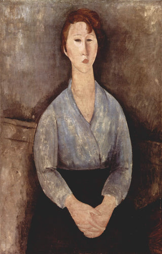 Mulher sentada com blusa azul - Replicarte