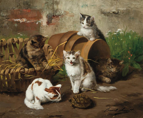 Gatinhos no jardim com tartaruga (Alfred-Arthur Brunel de Neuville) - Reprodução com Qualidade Museu