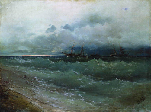 Navios No Mar Tempestuoso. nascer do sol (Ivan Aivazovsky) - Reprodução com Qualidade Museu