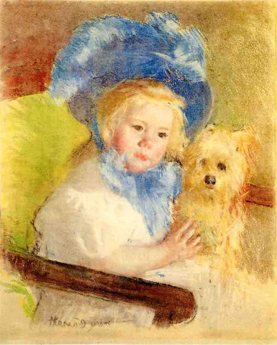 Simone com um grande chapéu emplumado, sentada, segurando um cachorro grifo (Mary Cassatt) - Reprodução com Qualidade Museu