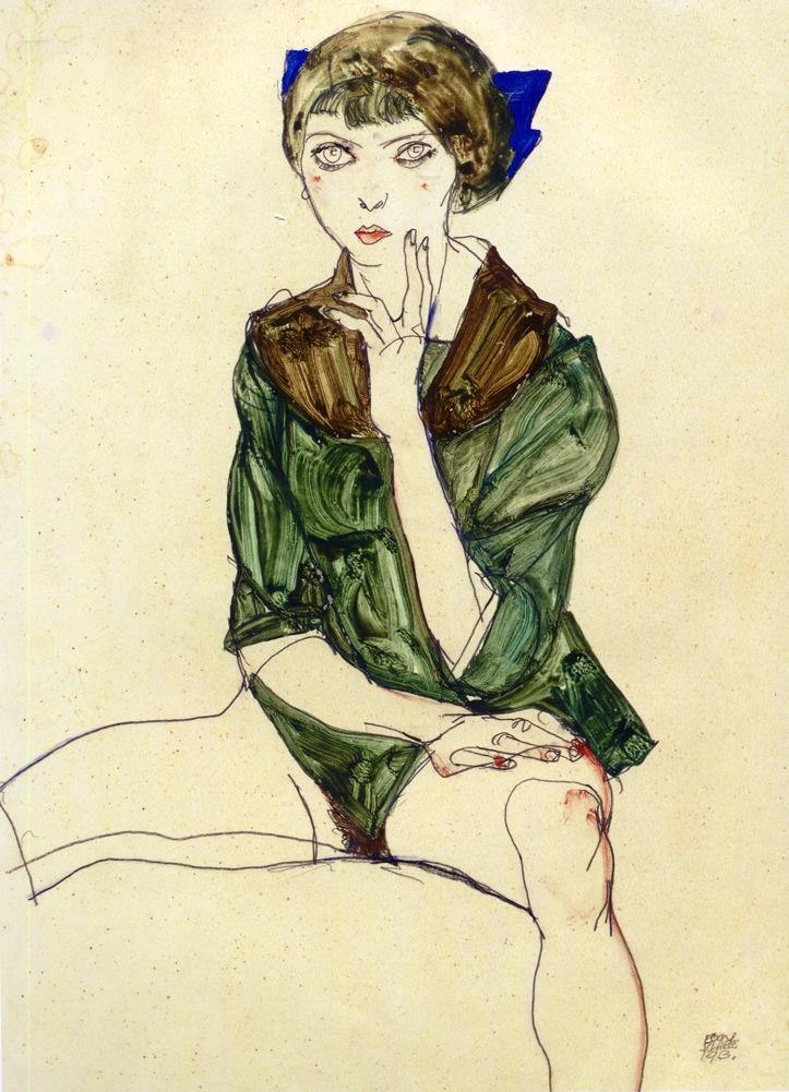 Mulher sentada com uma blusa verde - Replicarte