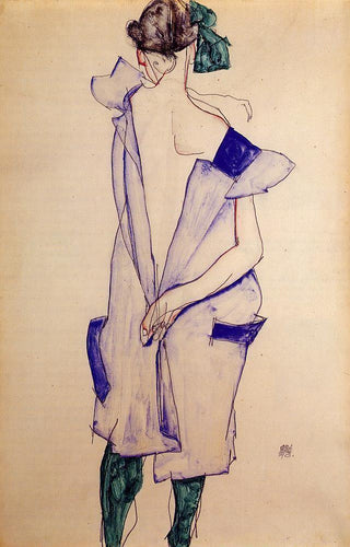 Menina em pé com um vestido azul e meia verde, vista traseira - Replicarte