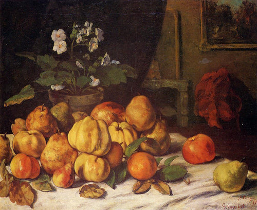 Natureza morta, maçãs, peras e flores em uma mesa, Saint Pelagie