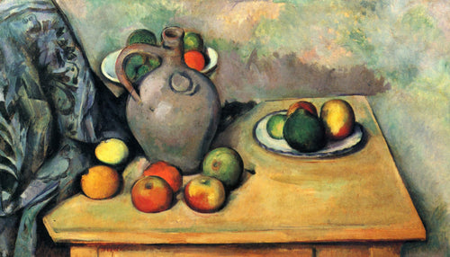 Jarro de natureza morta e frutas em uma mesa (Paul Cézanne) - Reprodução com Qualidade Museu