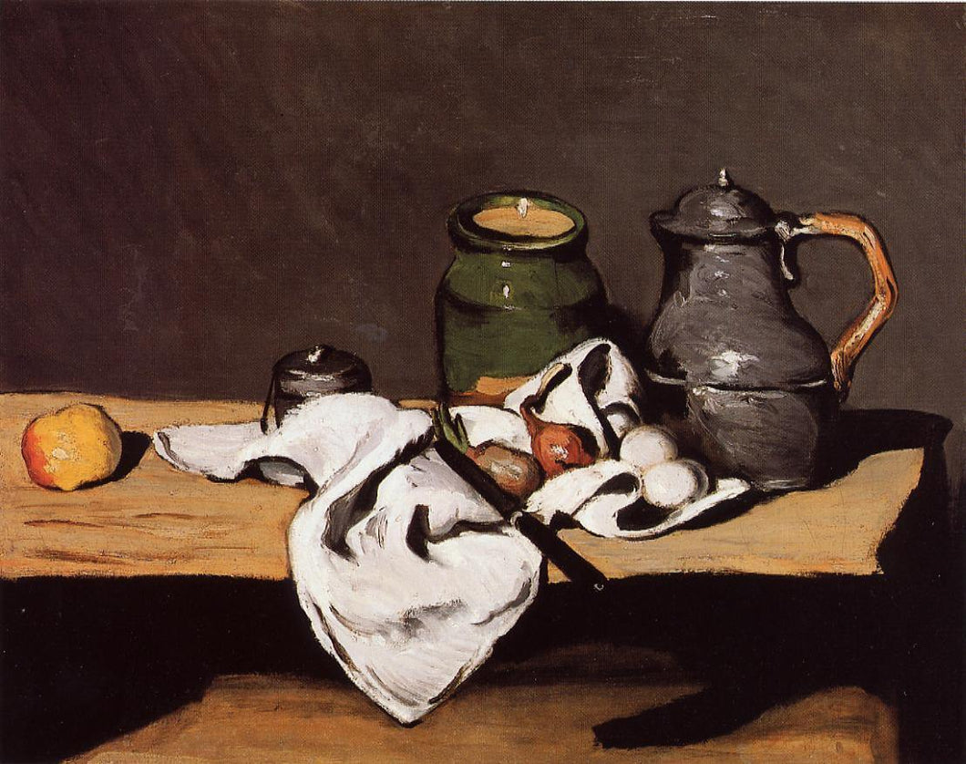 Natureza morta com panela verde e jarro de estanho - Paul Cézanne