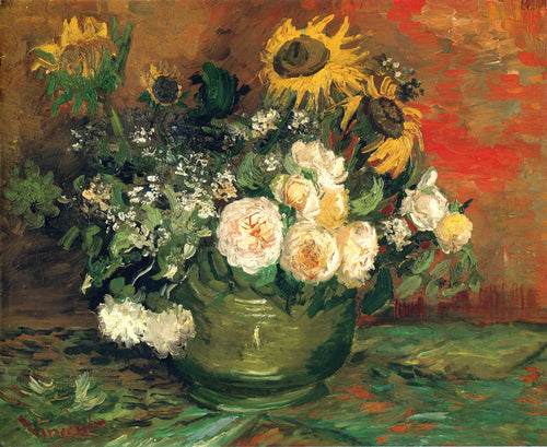Natureza morta com rosas e girassóis (Vincent Van Gogh) - Reprodução com Qualidade Museu