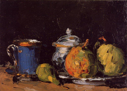Açucareiro, peras e copo azul (Paul Cézanne) - Reprodução com Qualidade Museu