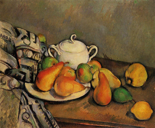 Açucareiro, peras e toalha de mesa (Paul Cézanne) - Reprodução com Qualidade Museu