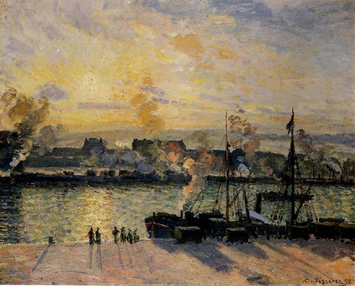 Pôr do sol no porto de Rouen, barcos a vapor (Camille Pissarro) - Reprodução com Qualidade Museu