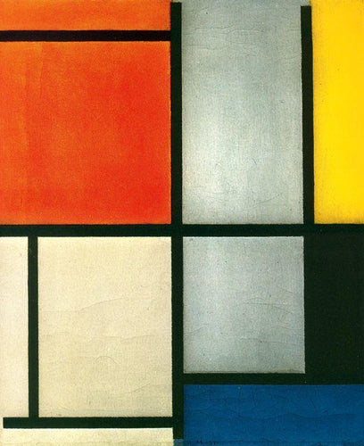 Tableau 3 com laranja, vermelho, amarelo, preto, azul e cinza (Piet Mondrian) - Reprodução com Qualidade Museu
