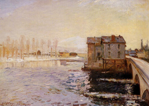 A ponte Moret e os moinhos sob a neve (Alfred Sisley) - Reprodução com Qualidade Museu