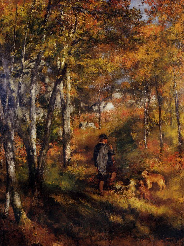 O pintor Jules Le Coeur passeando com seus cães na floresta de Fontainebleau - Pierre-Auguste Renoir