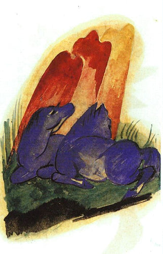 Dois Cavalos Azuis Frente A Uma Pedra Vermelha (Franz Marc) - Reprodução com Qualidade Museu