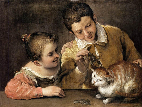 Duas crianças brincando com um gato - Replicarte