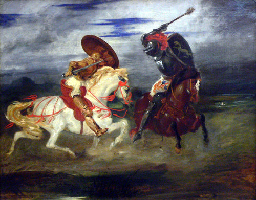 Dois cavaleiros lutando em uma paisagem (Eugene Delacroix) - Reprodução com Qualidade Museu