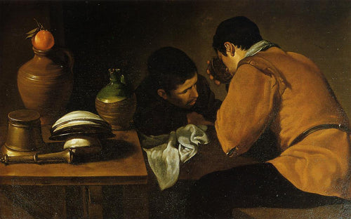 Dois jovens comendo em uma mesa humilde (Diego velázquez) - Reprodução com Qualidade Museu