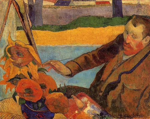 Retrato de Vincent Van Gogh pintando girassóis