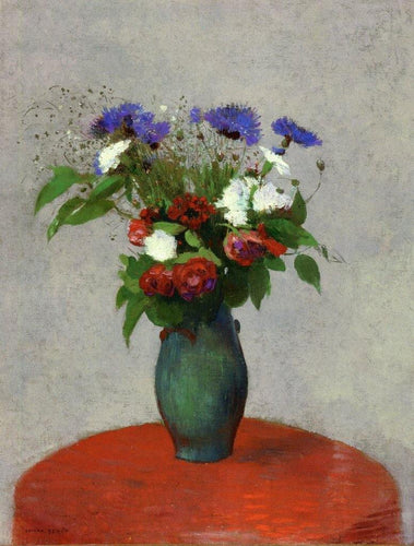 Vaso de flores em uma toalha de mesa vermelha (Odilon Redon) - Reprodução com Qualidade Museu