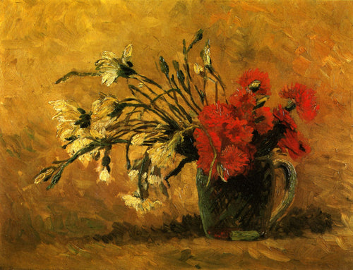 Vaso com cravos vermelhos e brancos em um fundo amarelo (Vincent Van Gogh) - Reprodução com Qualidade Museu