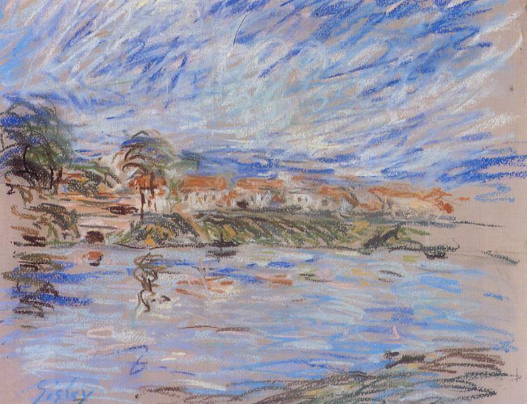 Vista de uma vila à beira de um rio (Alfred Sisley) - Reprodução com Qualidade Museu