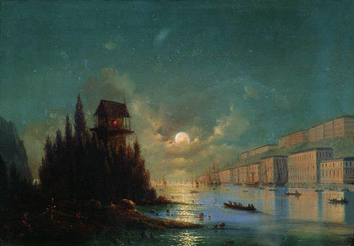 Vista da cidade à beira-mar à noite com um farol (Ivan Aivazovsky) - Reprodução com Qualidade Museu