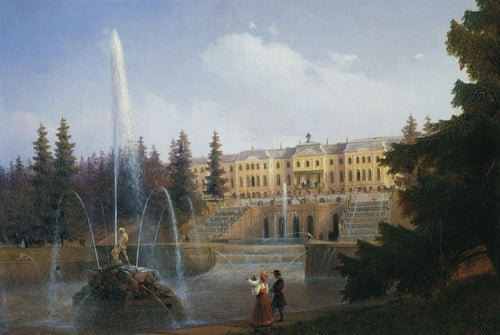 Vista da grande cascata em Petergof e do Grande Palácio de Peterhof (Ivan Aivazovsky) - Reprodução com Qualidade Museu