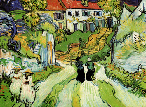 Rua da vila e degraus em Auvers com figuras (Vincent Van Gogh) - Reprodução com Qualidade Museu