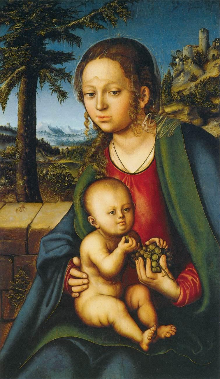 Virgem e filho com um cacho de uvas