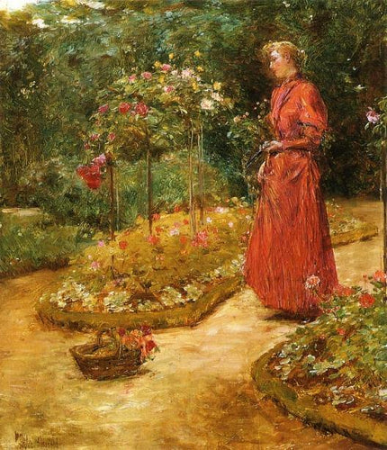 Mulher cortando rosas em um jardim (Childe Hassam) - Reprodução com Qualidade Museu