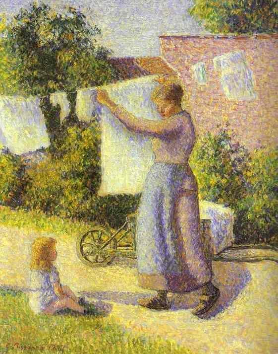Mulher pendurando a roupa para lavar (Camille Pissarro) - Reprodução com Qualidade Museu