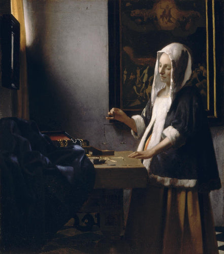 Mulher segurando um equilíbrio (Johannes Vermeer) - Reprodução com Qualidade Museu