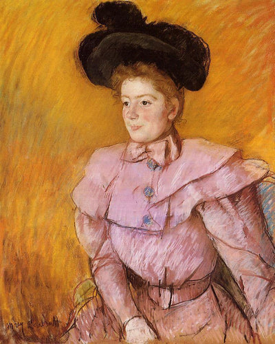 Mulher com um chapéu preto e uma fantasia rosa-framboesa (Mary Cassatt) - Reprodução com Qualidade Museu