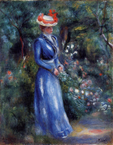 Mulher em um vestido azul em pé no jardim de Saint Cloud (Pierre-Auguste Renoir) - Reprodução com Qualidade Museu
