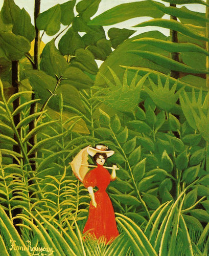 Mulher de vermelho na floresta (Henri Rousseau) - Reprodução com Qualidade Museu