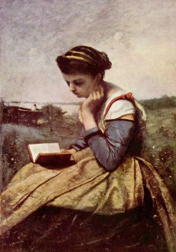 Mulher lendo em uma paisagem