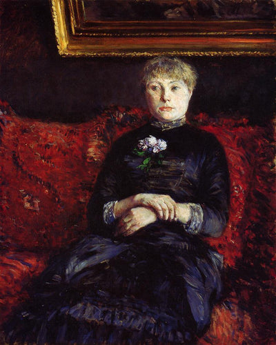 Mulher sentada em um sofá florido vermelho (Gustave Caillebotte) - Reprodução com Qualidade Museu