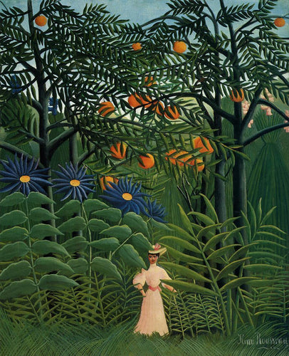 Mulher caminhando em uma floresta exótica (Henri Rousseau) - Reprodução com Qualidade Museu