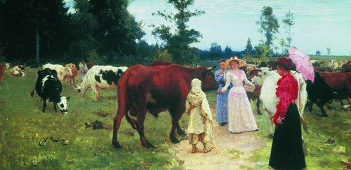 Jovens Senhoras caminham entre o rebanho de vacas