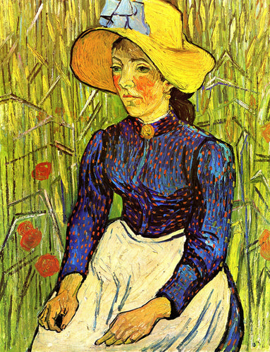 Jovem camponesa com um chapéu de palha sentada na frente de um campo de trigo (Vincent Van Gogh) - Reprodução com Qualidade Museu