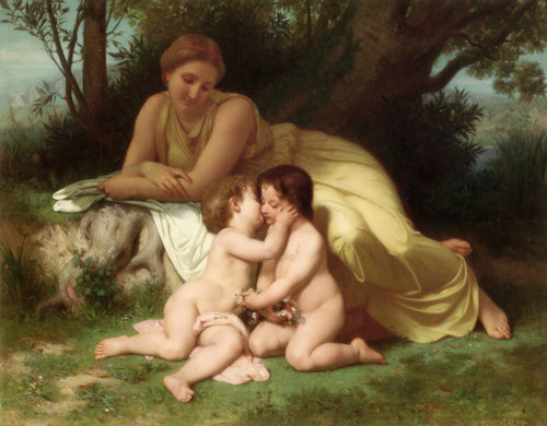 Mulher jovem contemplando dois filhos que se abraçam (William-Adolphe Bouguereau) - Reprodução com Qualidade Museu