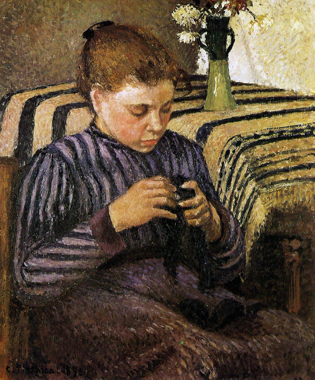 Jovem mulher a remendar as meias (Camille Pissarro) - Reprodução com Qualidade Museu